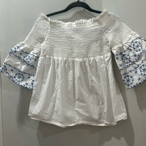 Off the shoulder blue and white ruffle summer top